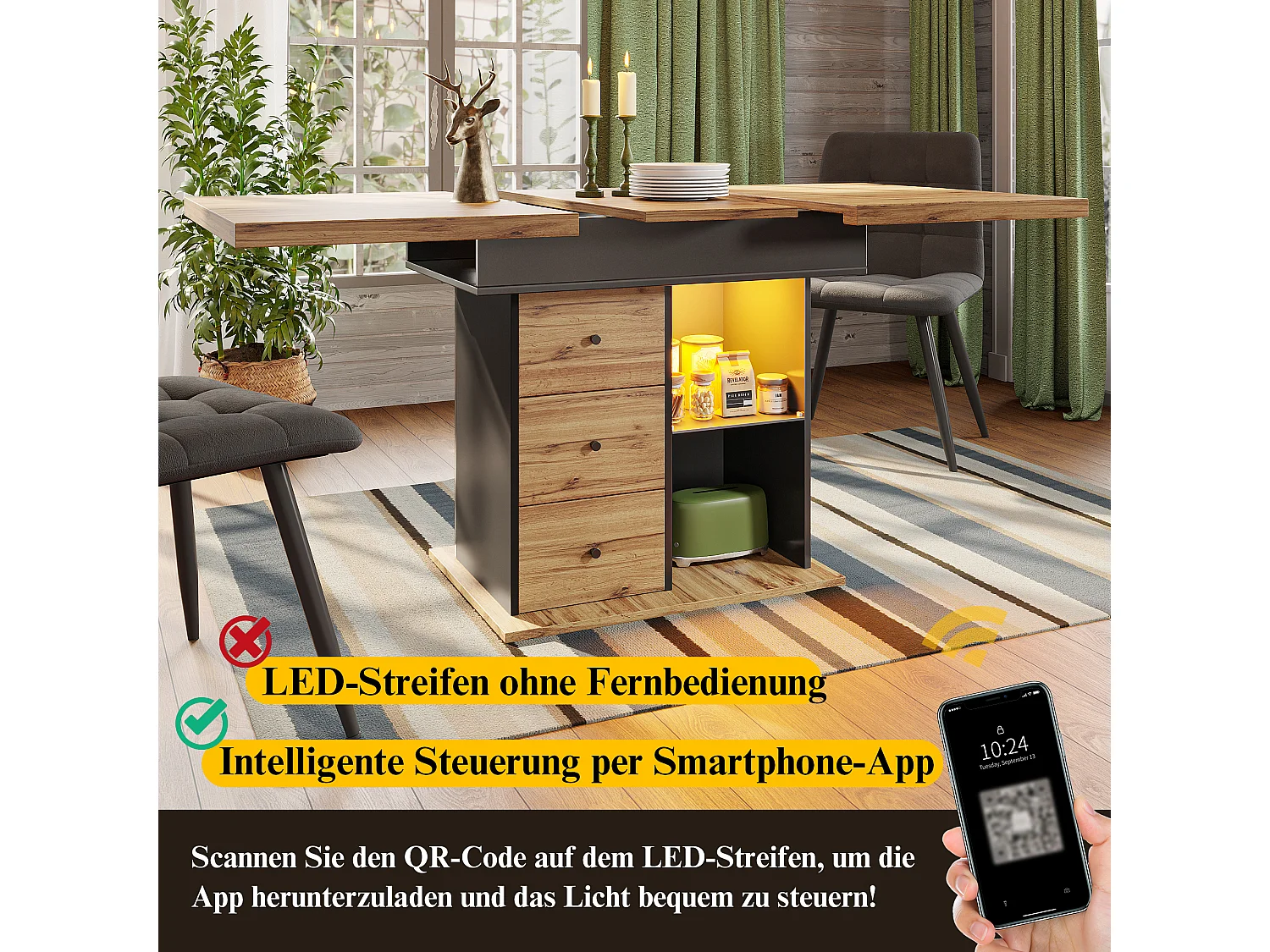 Opklapbare eettafel 4 - 6 plaatsen - 110-140 x 80 x 75 cm - uitschuifbaar - met 2 lades + LED's - MDF - zwart