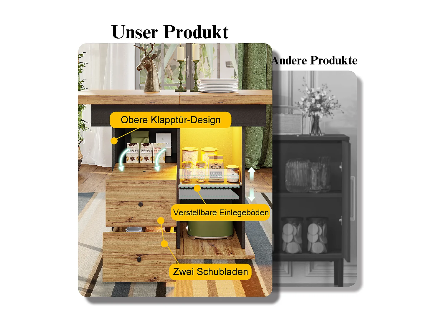 Opklapbare eettafel 4 - 6 plaatsen - 110-140 x 80 x 75 cm - uitschuifbaar - met 2 lades + LED's - MDF - zwart