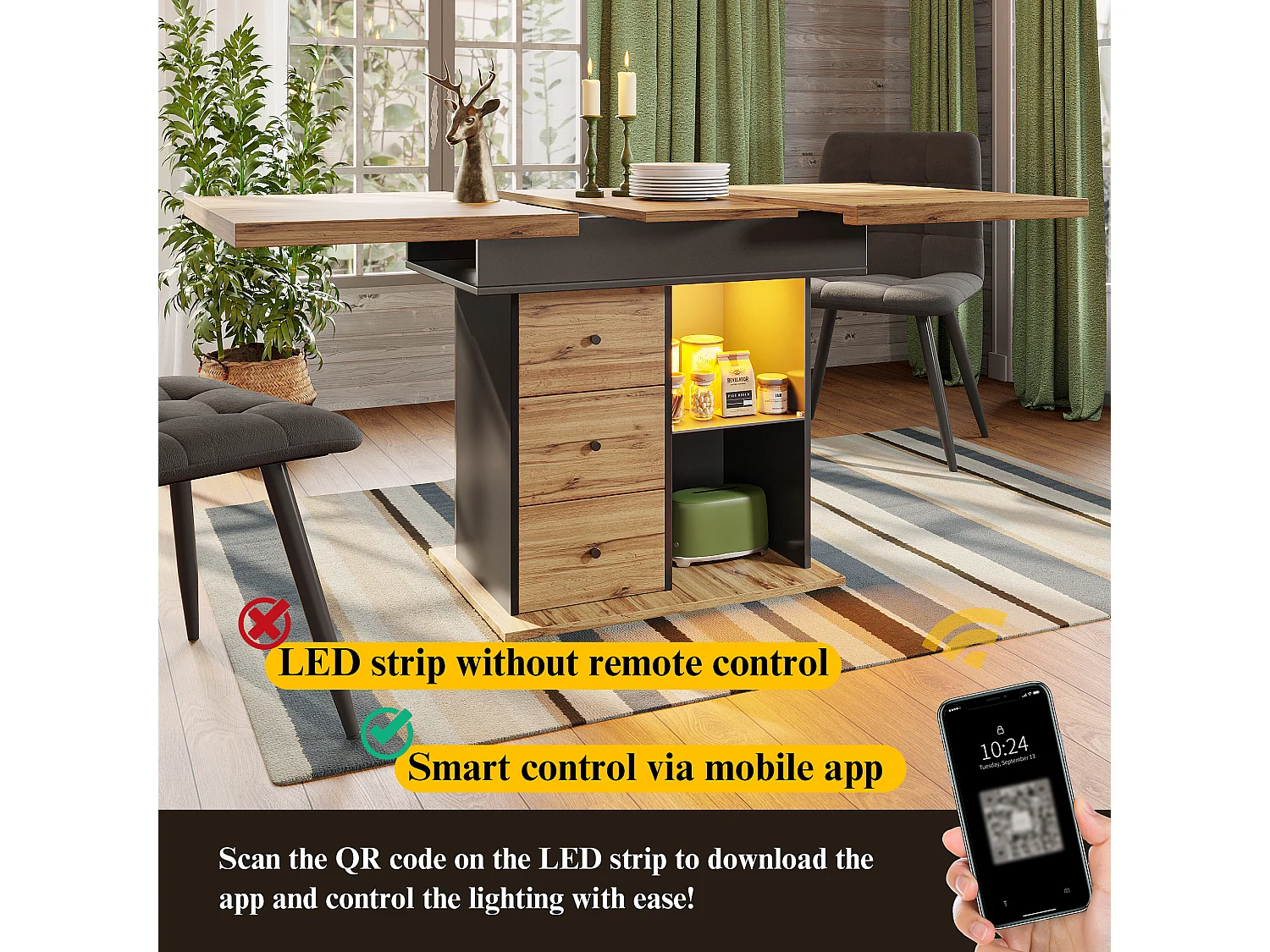 Opklapbare eettafel 4 - 6 plaatsen - 110-140 x 80 x 75 cm - uitschuifbaar - met 2 lades + LED's - MDF - zwart