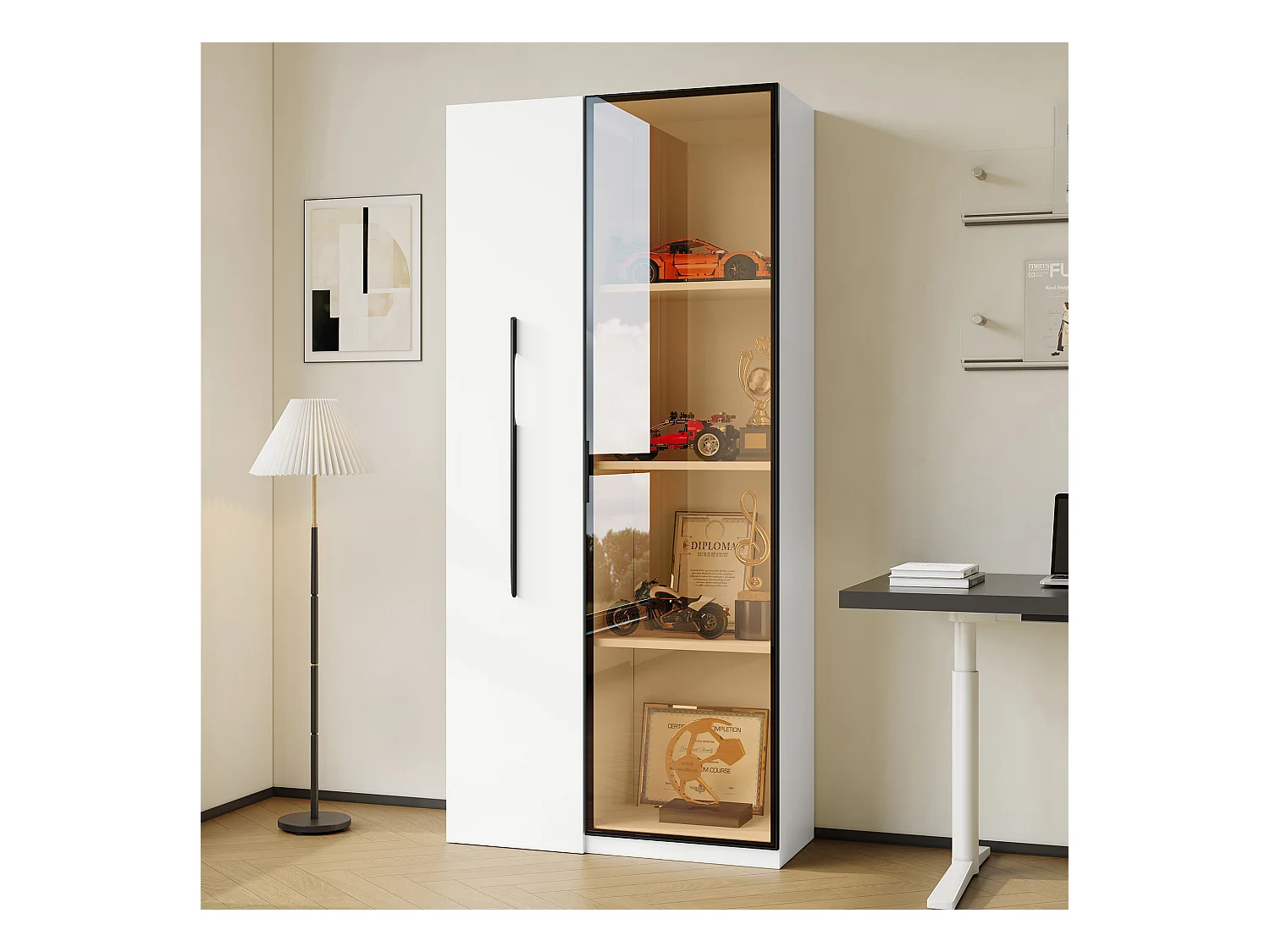 Vitrine avec porte vitrée - 70 x 40 x 160 cm - avec Leds + tiroir latéral - MDF - blanc