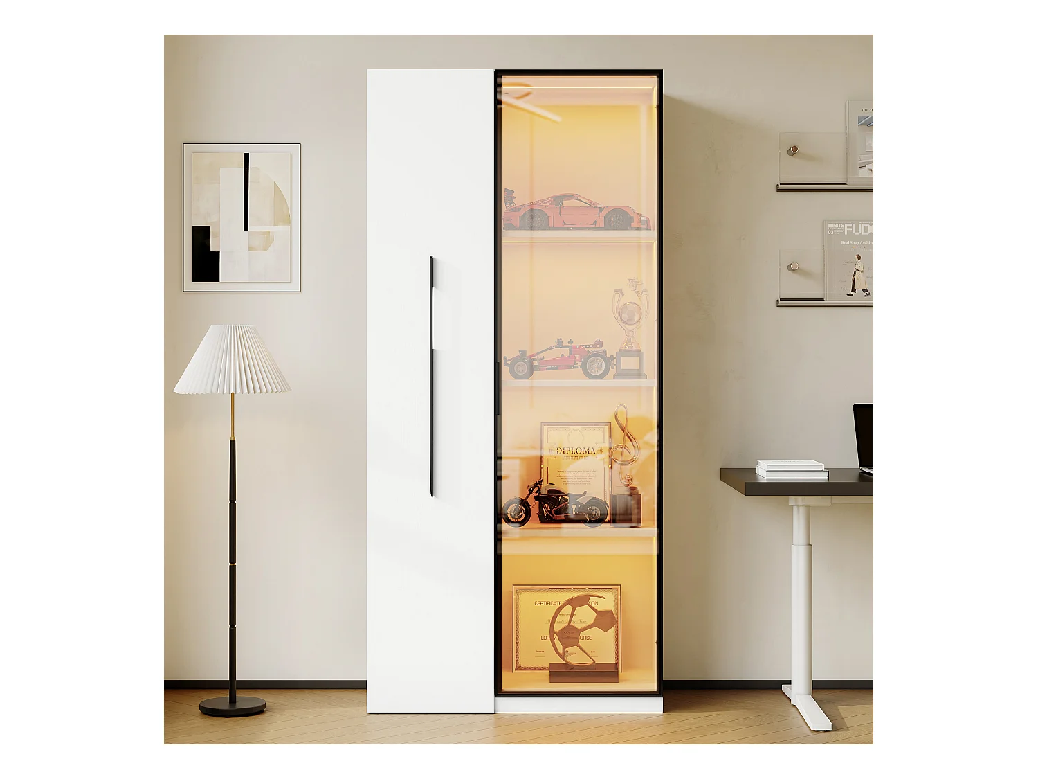 Vitrine avec porte vitrée - 70 x 40 x 160 cm - avec Leds + tiroir latéral - MDF - blanc