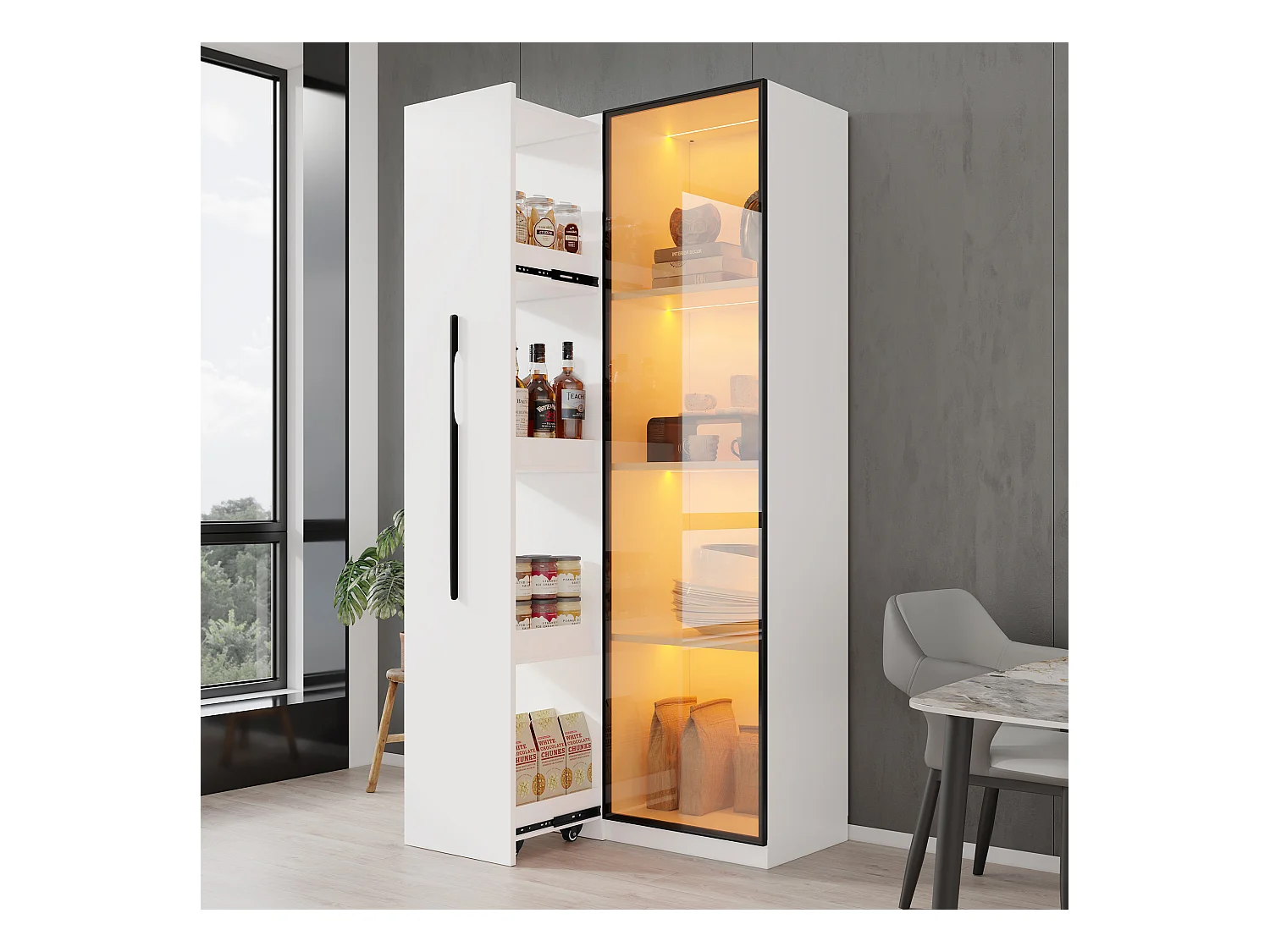 Vitrine avec porte vitrée - 70 x 40 x 160 cm - avec Leds + tiroir latéral - MDF - blanc