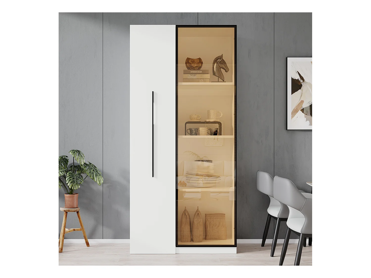 Vitrine avec porte vitrée - 70 x 40 x 160 cm - avec Leds + tiroir latéral - MDF - blanc