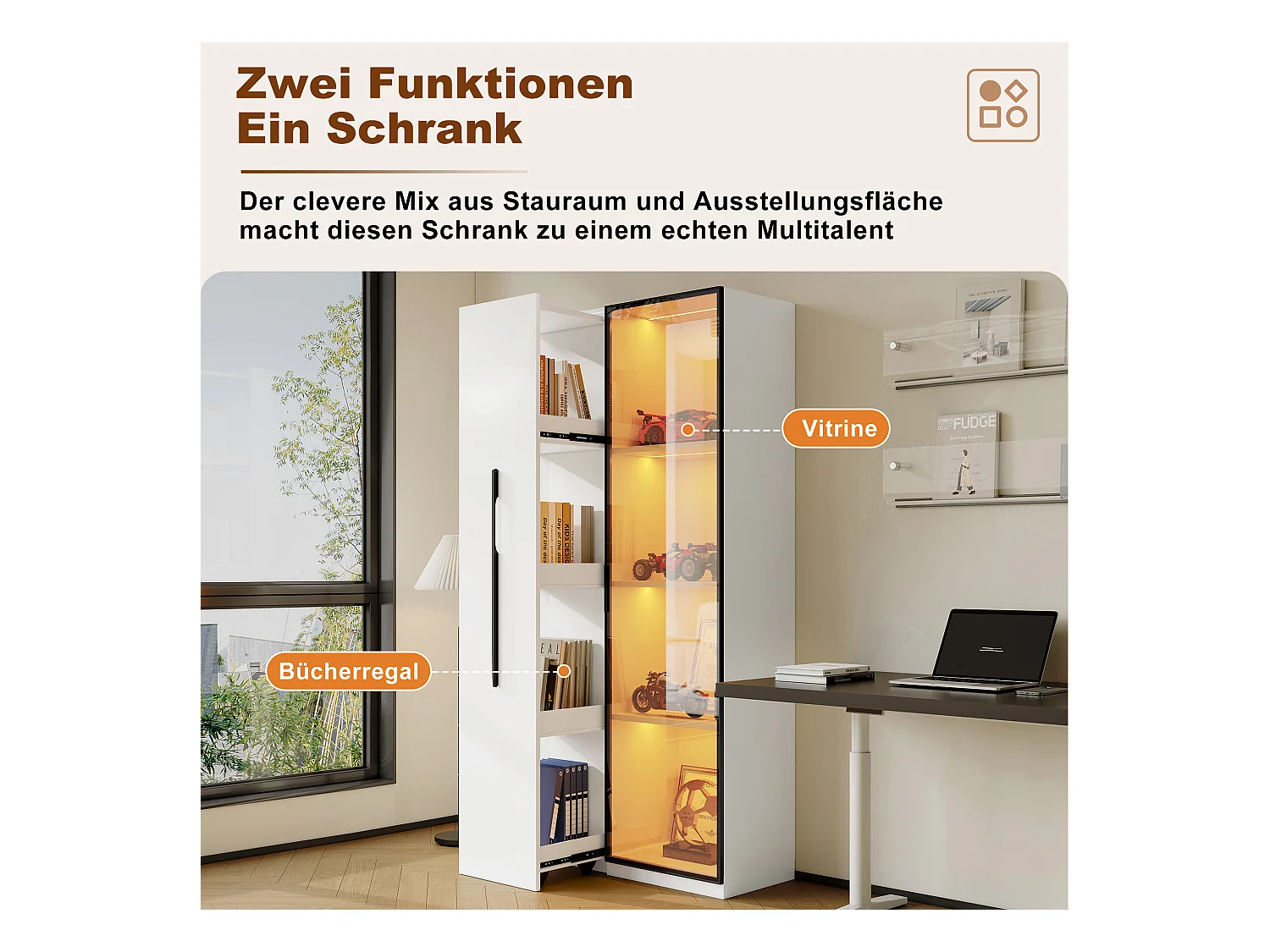 Vitrine avec porte vitrée - 70 x 40 x 160 cm - avec Leds + tiroir latéral - MDF - blanc