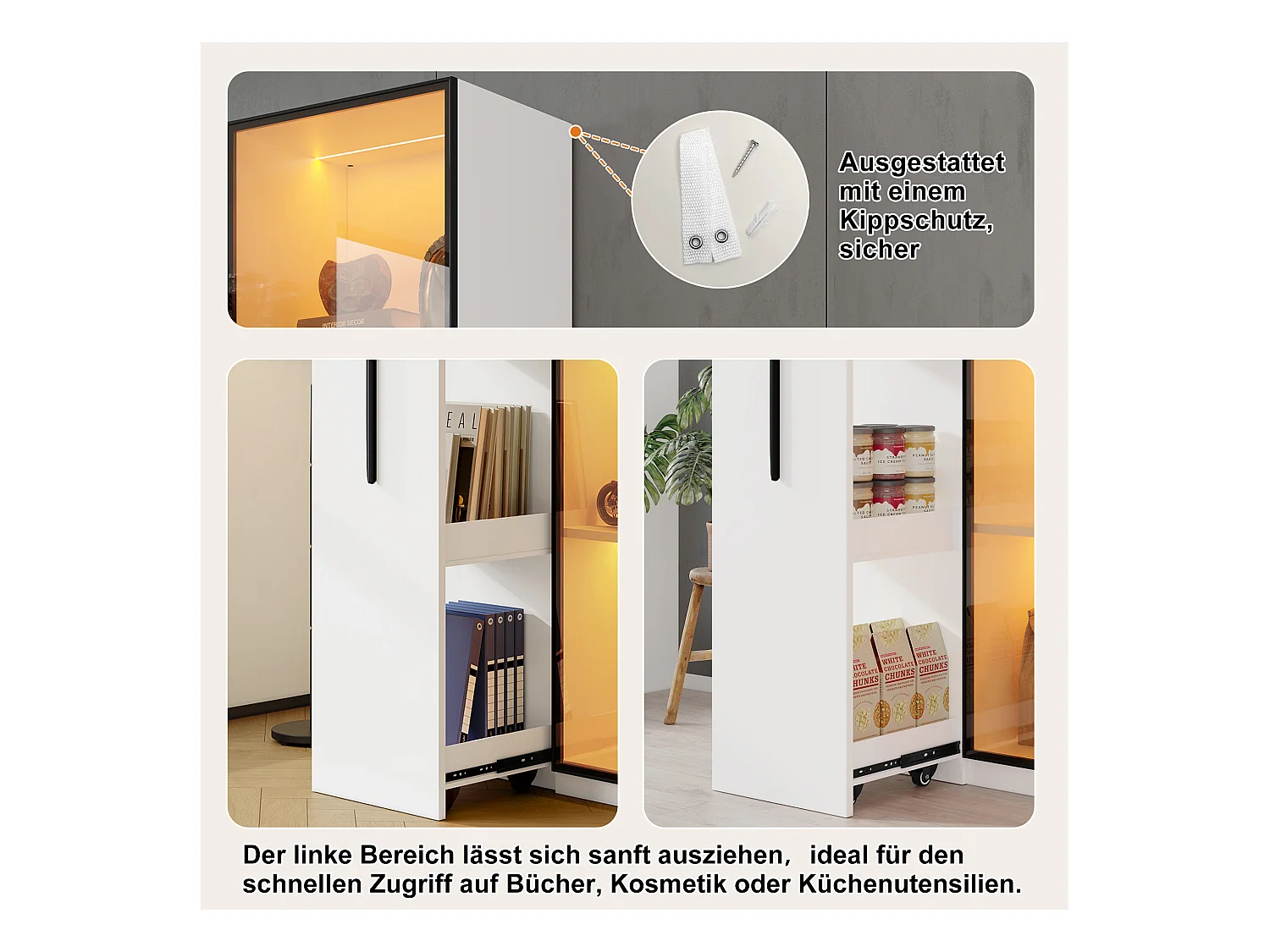 Vitrine avec porte vitrée - 70 x 40 x 160 cm - avec Leds + tiroir latéral - MDF - blanc