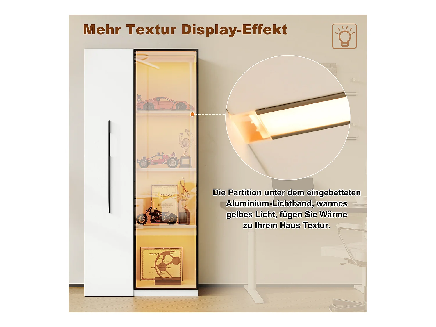 Vitrine avec porte vitrée - 70 x 40 x 160 cm - avec Leds + tiroir latéral - MDF - blanc