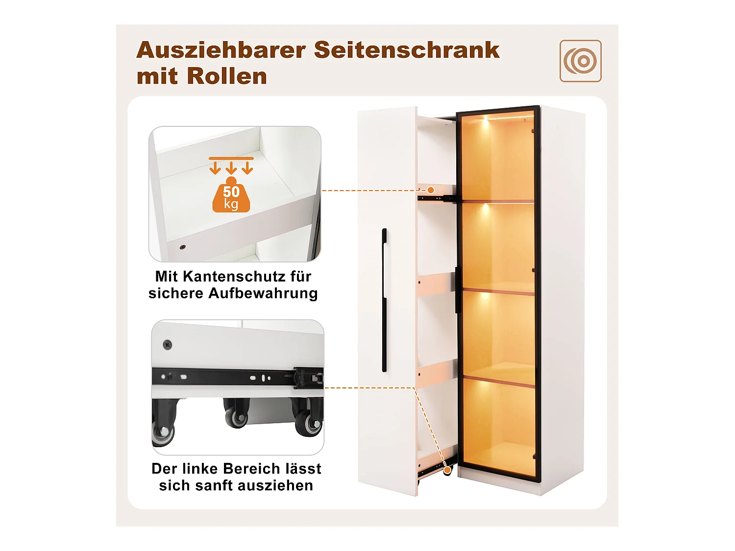 Vitrine avec porte vitrée - 70 x 40 x 160 cm - avec Leds + tiroir latéral - MDF - blanc