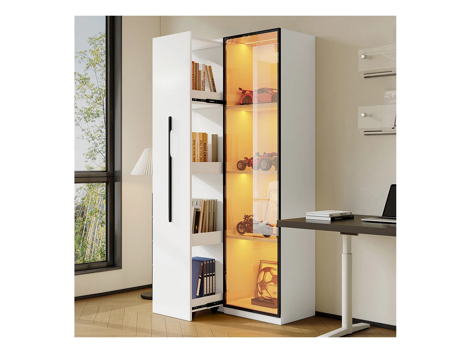 Vitrine mit Glastür – 70 x 40 x 160 cm – mit LEDs + seitliche Schublade – MDF – weiß