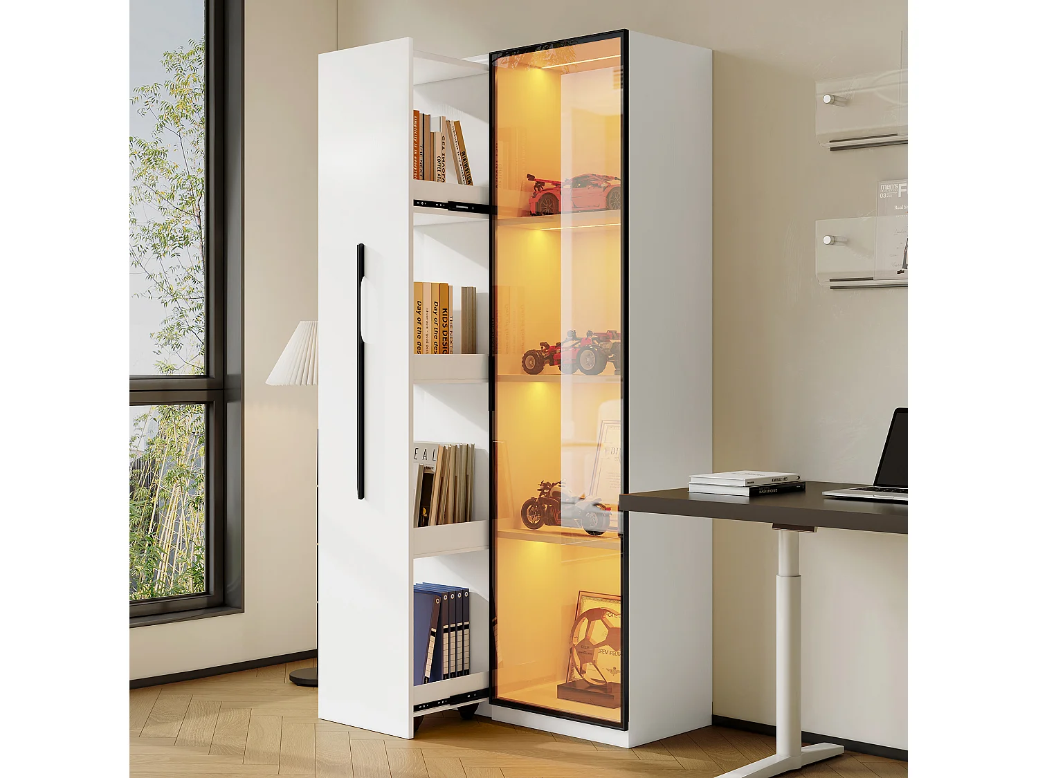 Vitrine mit Glastür – 70 x 40 x 160 cm – mit LEDs + seitliche Schublade – MDF – weiß