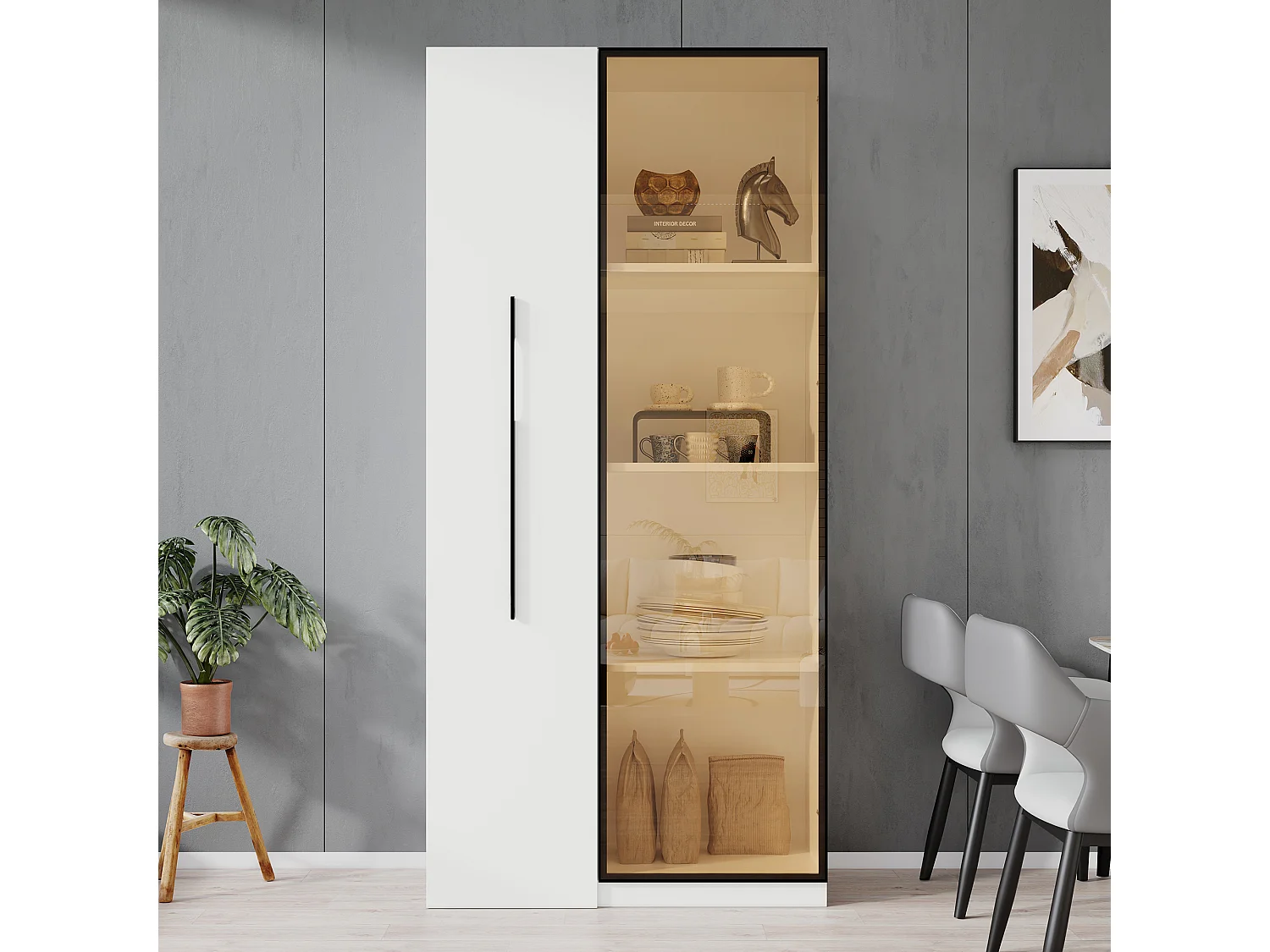 Vitrine mit Glastür – 70 x 40 x 160 cm – mit LEDs + seitliche Schublade – MDF – weiß