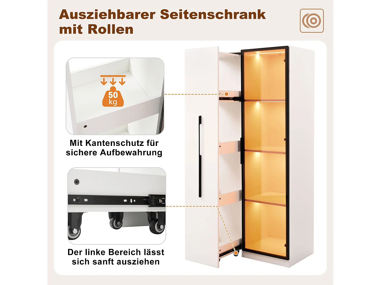 Vitrine mit Glastür – 70 x 40 x 160 cm – mit LEDs + seitliche Schublade – MDF – weiß