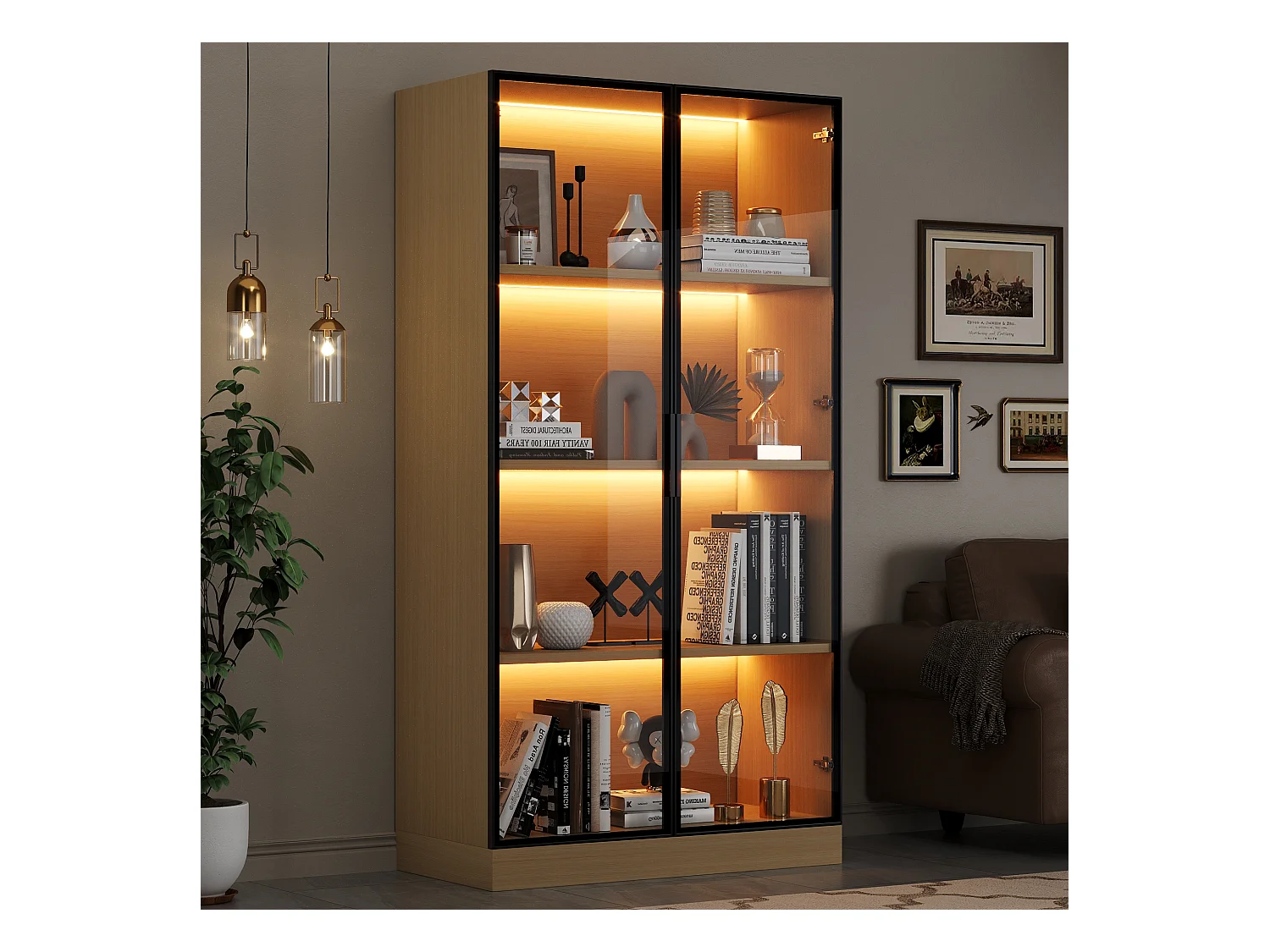 Witryna szklana - 70 x 40 x 160 cm - z diodami LED + drzwi ze szkła hartowanego - MDF - światło naturalne