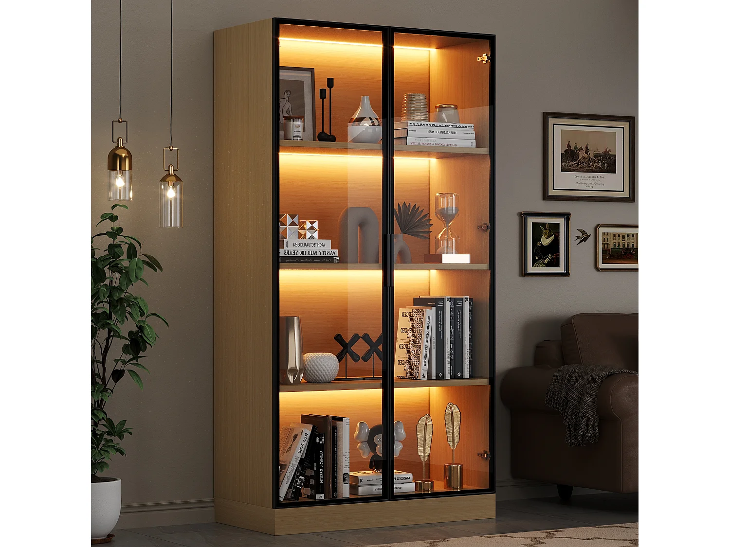 Witryna szklana - 70 x 40 x 160 cm - z diodami LED + drzwi ze szkła hartowanego - MDF - światło naturalne