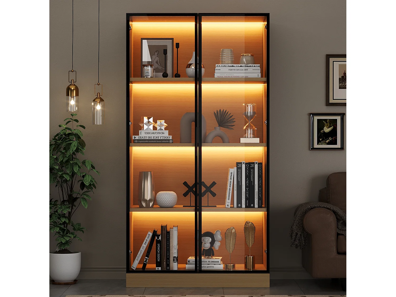 Witryna szklana - 70 x 40 x 160 cm - z diodami LED + drzwi ze szkła hartowanego - MDF - światło naturalne