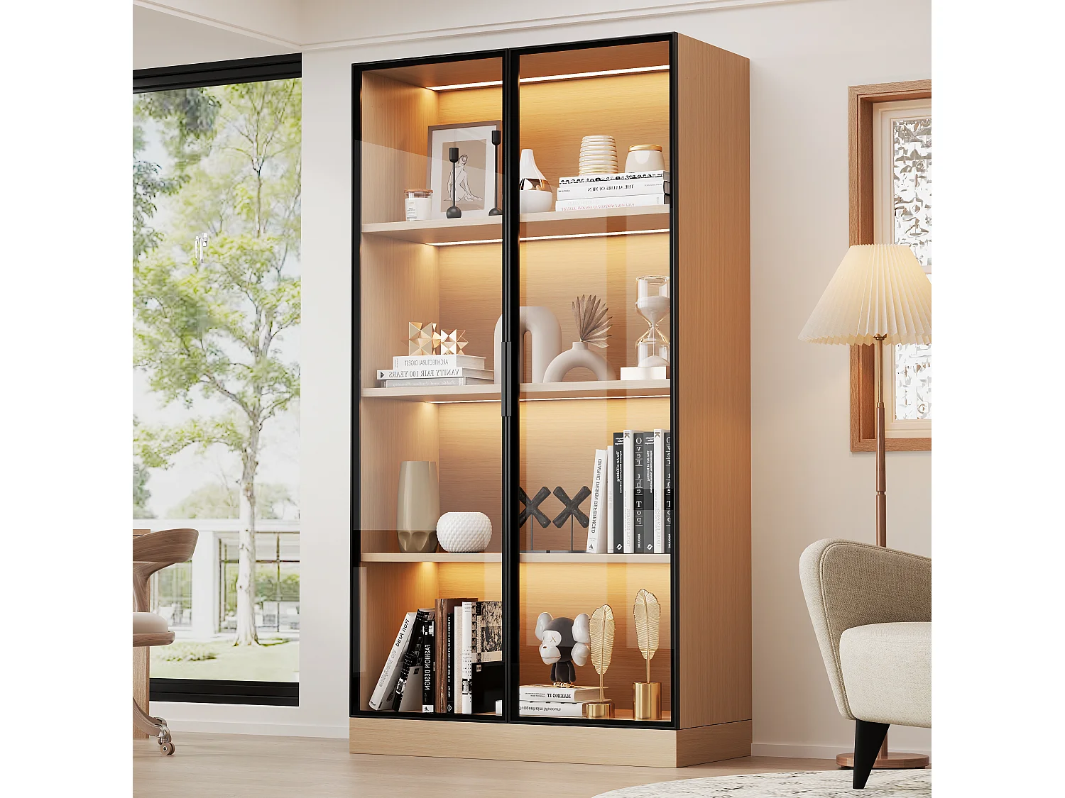 Witryna szklana - 70 x 40 x 160 cm - z diodami LED + drzwi ze szkła hartowanego - MDF - światło naturalne