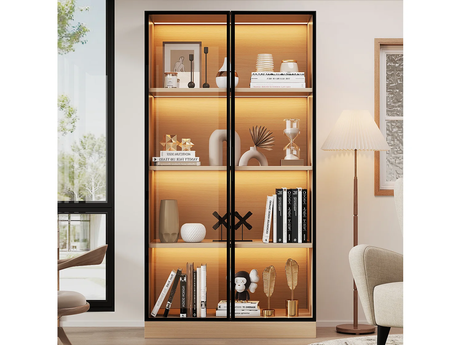 Witryna szklana - 70 x 40 x 160 cm - z diodami LED + drzwi ze szkła hartowanego - MDF - światło naturalne