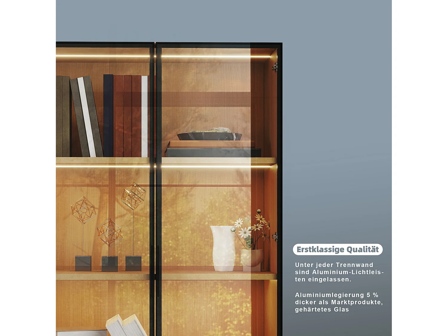 Witryna szklana - 70 x 40 x 160 cm - z diodami LED + drzwi ze szkła hartowanego - MDF - światło naturalne