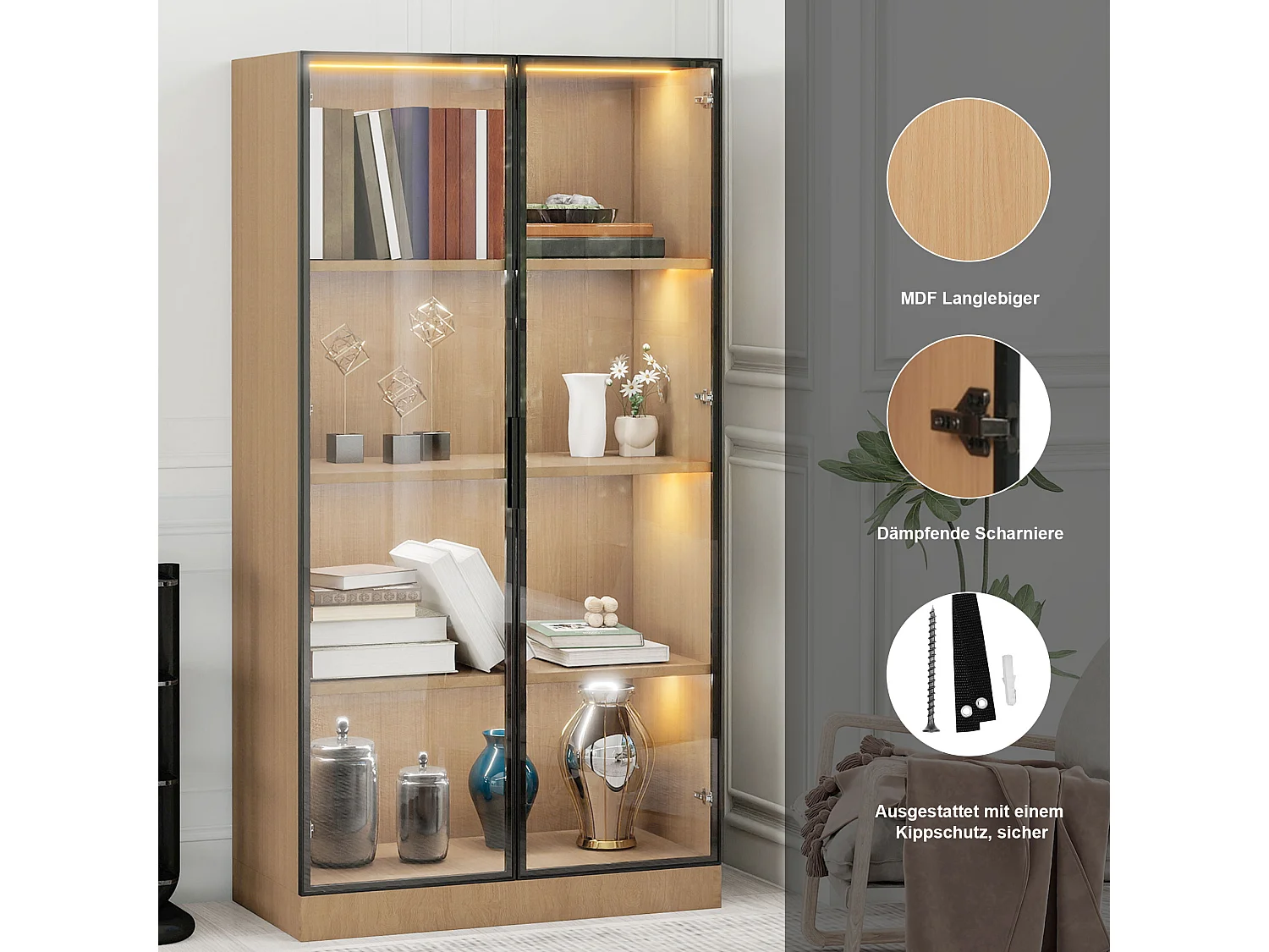 Witryna szklana - 70 x 40 x 160 cm - z diodami LED + drzwi ze szkła hartowanego - MDF - światło naturalne