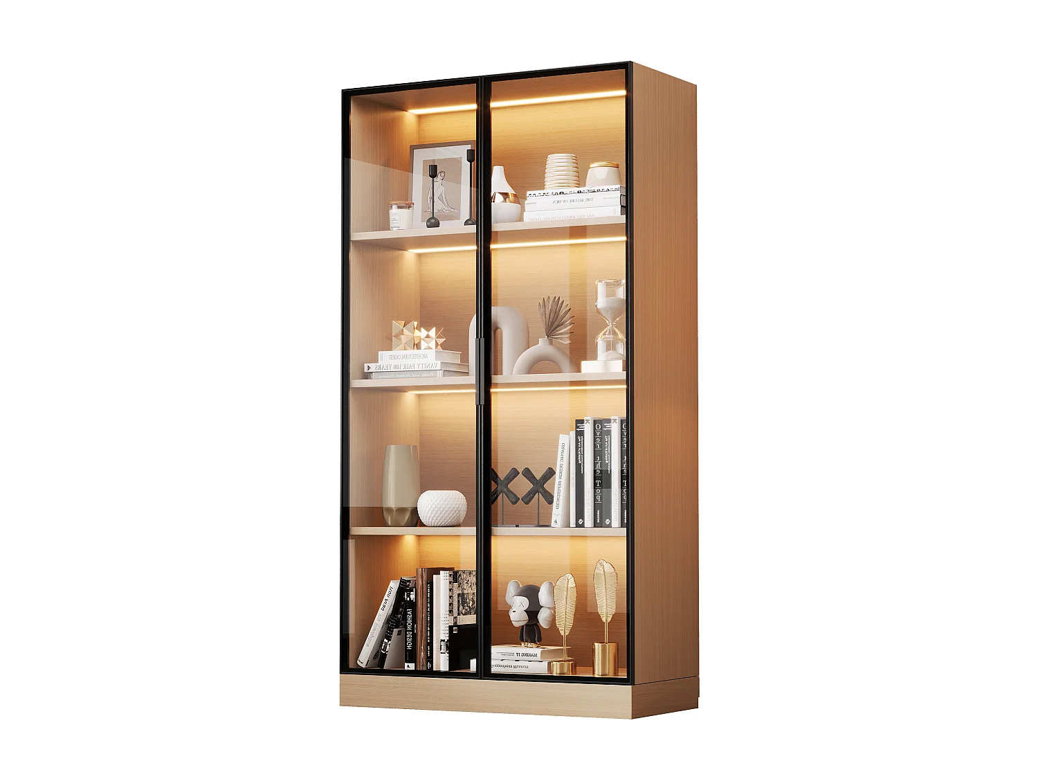 Witryna szklana - 70 x 40 x 160 cm - z diodami LED + drzwi ze szkła hartowanego - MDF - światło naturalne