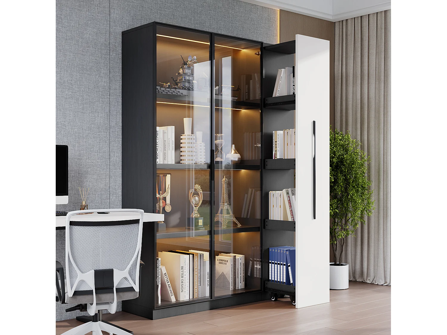 FAYICIC Multifunctionele kast, 110,5 x 35 x 160 cm, vitrine met glazen deur en led, zijuitschuifbaar, wit en zwart, hoge kast, boekenrek, badkamerschuin, eetkamerkast