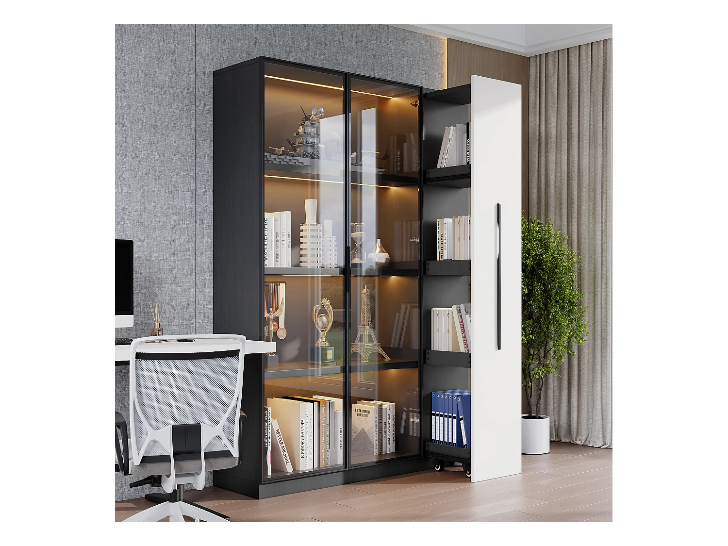 Vitrinekast met glazen deur - 110,5 x 35 x 160 cm - met ledverlichting + zijlade - MDF - zwart + wit