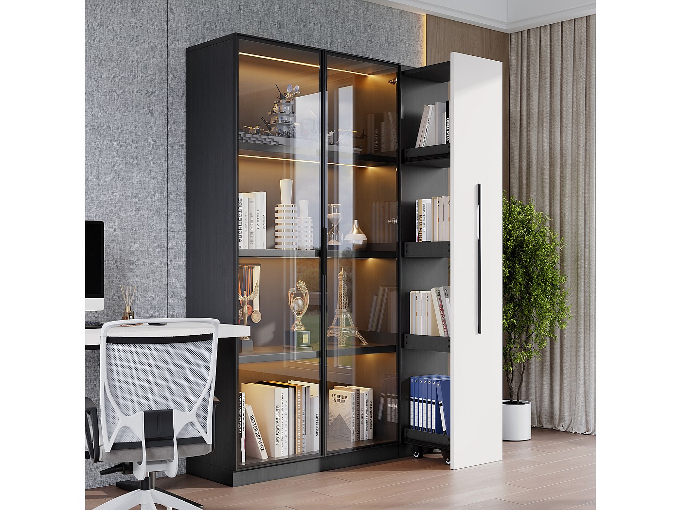 Kebnor Glazen kast deur 200 cm hoog, witte vitrinekast met ledverlichting, multi-opslag, boekenkast voor verzameling, slaapkamer, woonkamer, kantoor, wit - zwart deurframe (wit (type 3