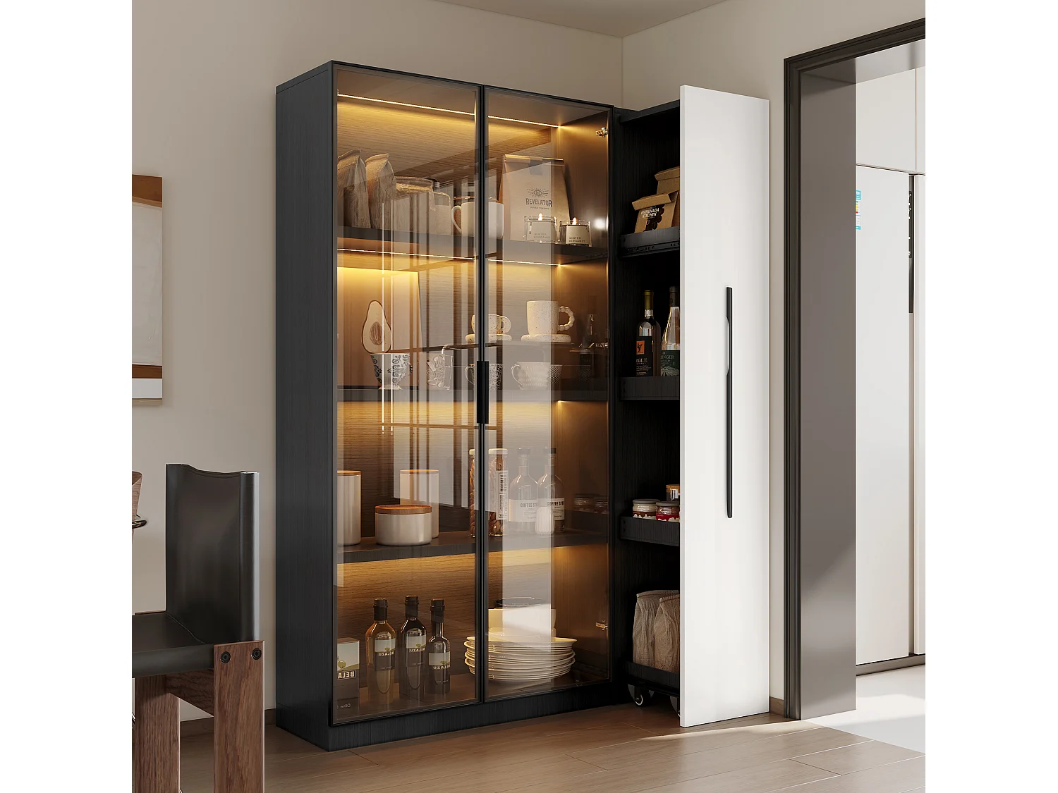 Vitrine avec porte vitrée - 110.5 x 35 x 160 cm - avec Leds + tiroir latéral - MDF - noir + blanc