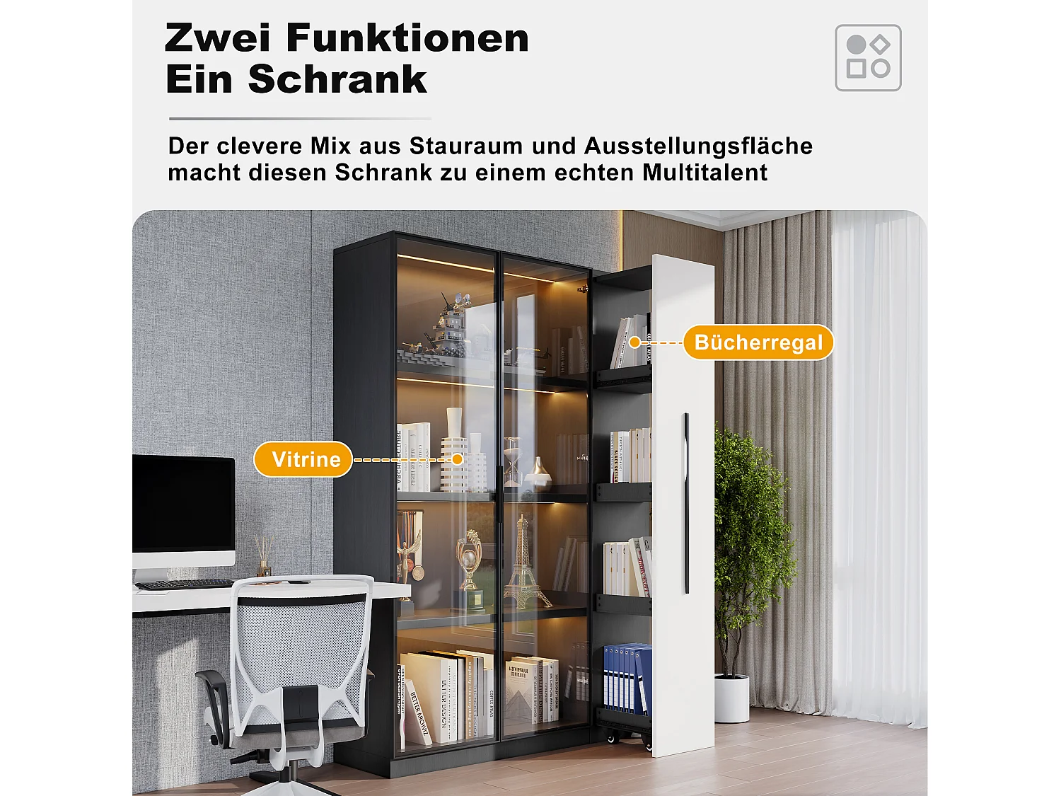 Vitrine avec porte vitrée - 110.5 x 35 x 160 cm - avec Leds + tiroir latéral - MDF - noir + blanc