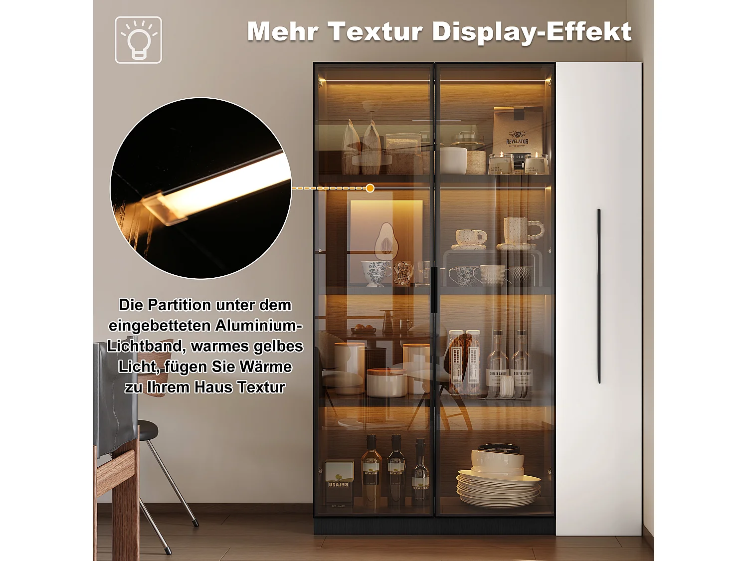 Vitrine avec porte vitrée - 110.5 x 35 x 160 cm - avec Leds + tiroir latéral - MDF - noir + blanc