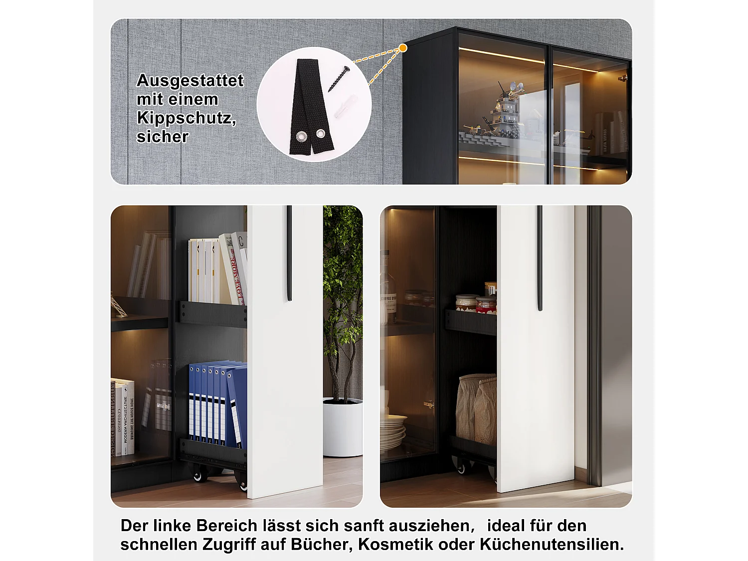 Vitrine avec porte vitrée - 110.5 x 35 x 160 cm - avec Leds + tiroir latéral - MDF - noir + blanc