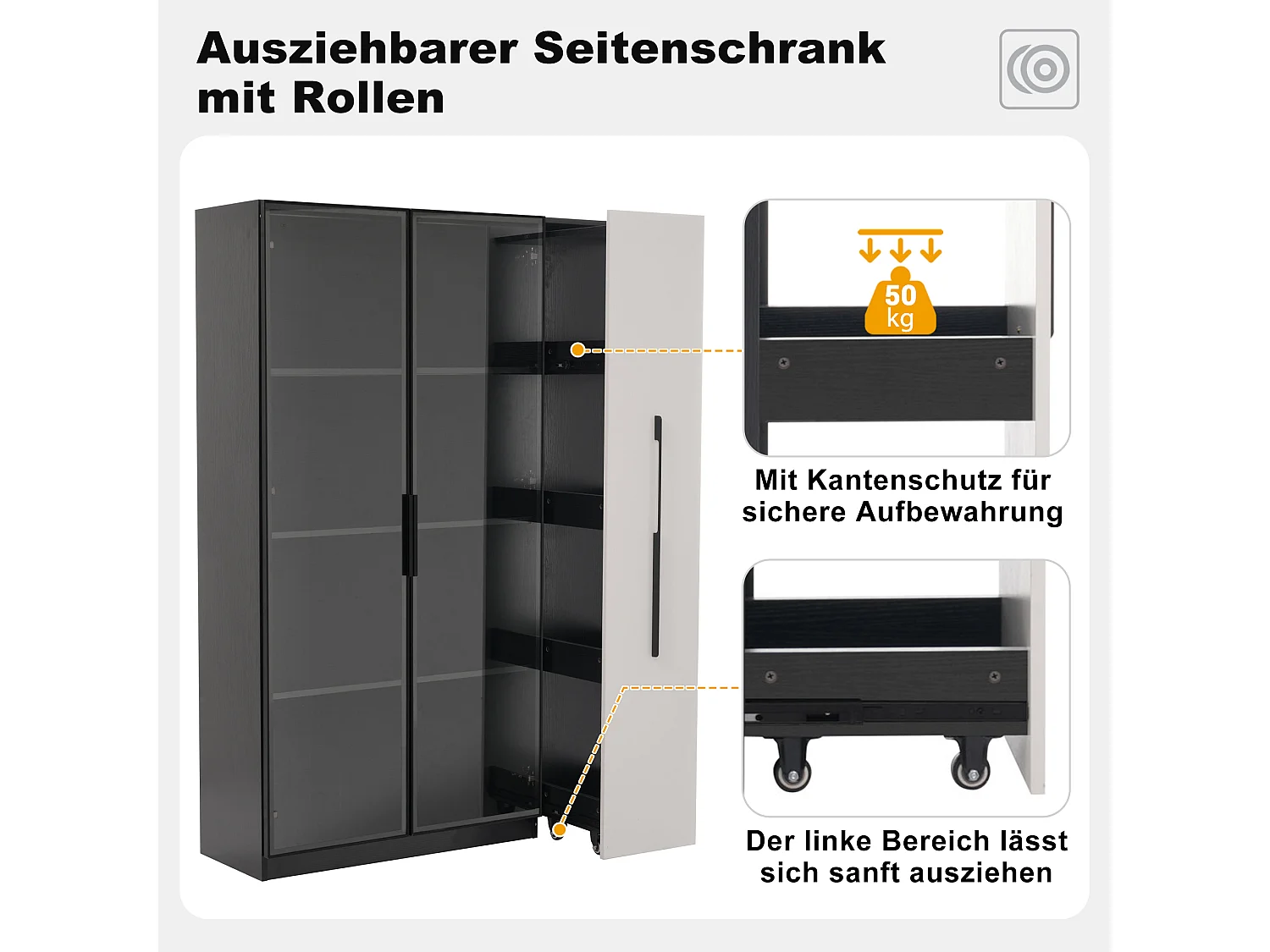 Vitrine avec porte vitrée - 110.5 x 35 x 160 cm - avec Leds + tiroir latéral - MDF - noir + blanc