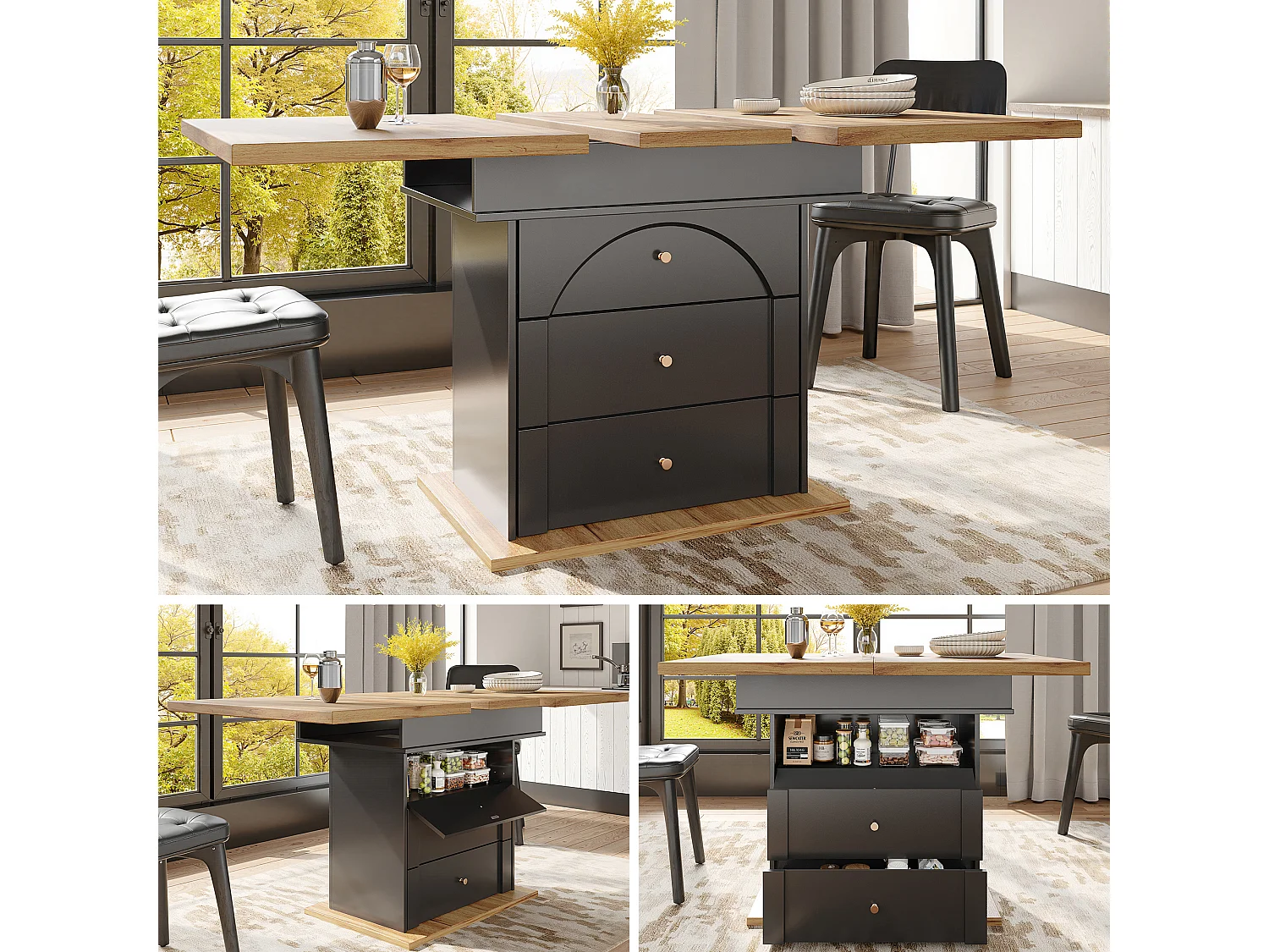 Table à manger pliable 4 - 6 places - 110-140 x 80 x 75 cm - extensible - avec 1 porte + 2 tiroir - MDF - noir