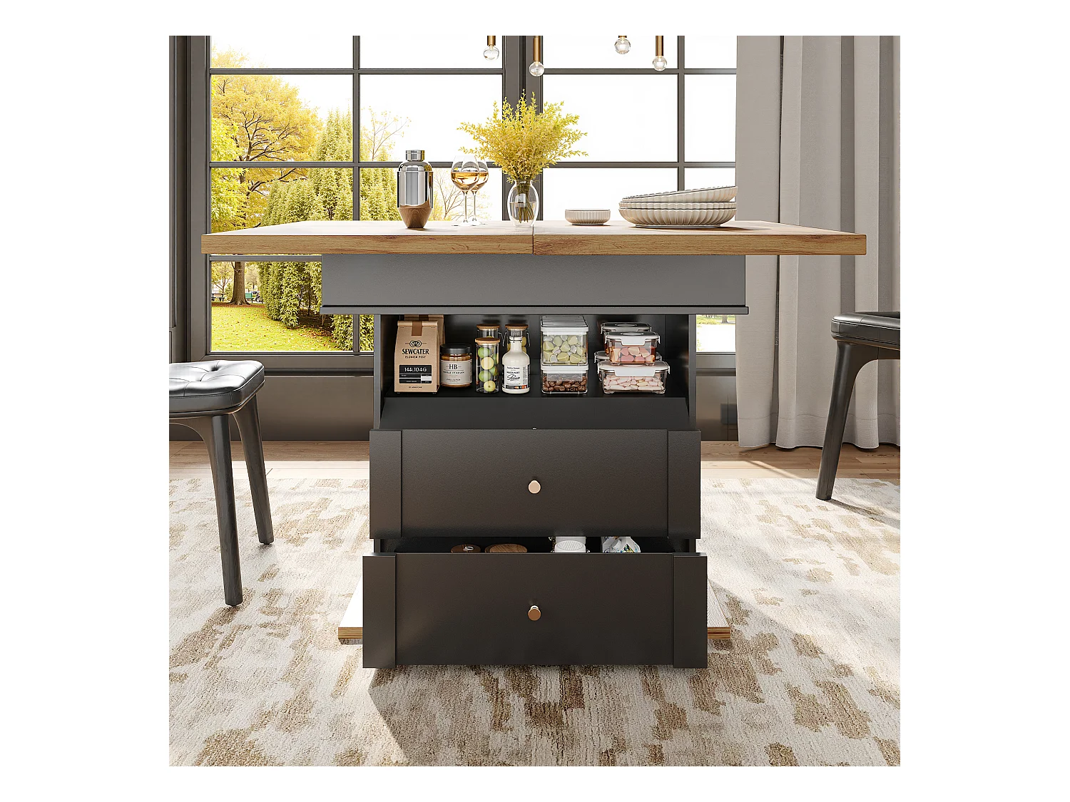 Table à manger pliable 4 - 6 places - 110-140 x 80 x 75 cm - extensible - avec 1 porte + 2 tiroir - MDF - noir