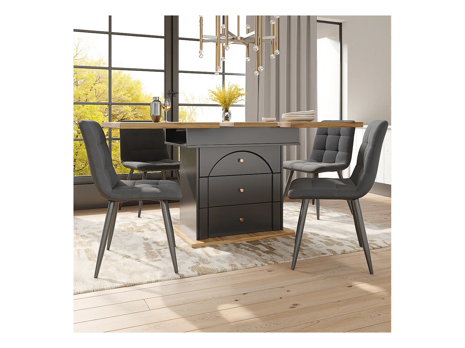 Table à manger pliable 4 - 6 places - 110-140 x 80 x 75 cm - extensible - avec 1 porte + 2 tiroir - MDF - noir