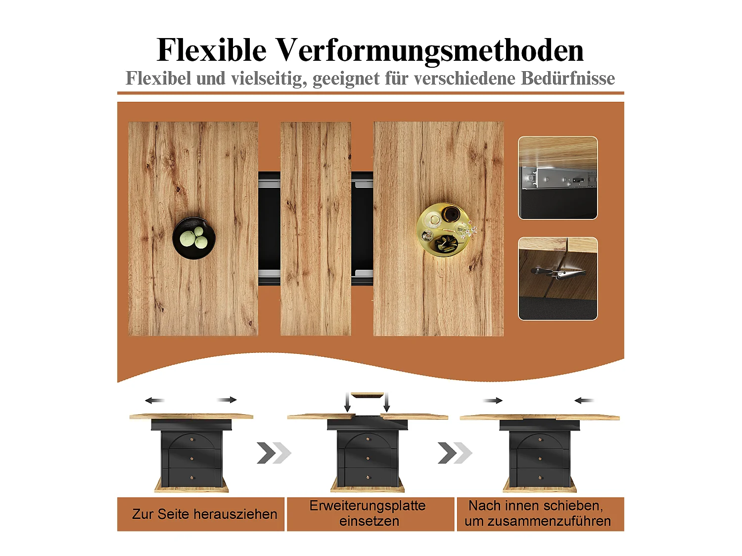 Table à manger pliable 4 - 6 places - 110-140 x 80 x 75 cm - extensible - avec 1 porte + 2 tiroir - MDF - noir