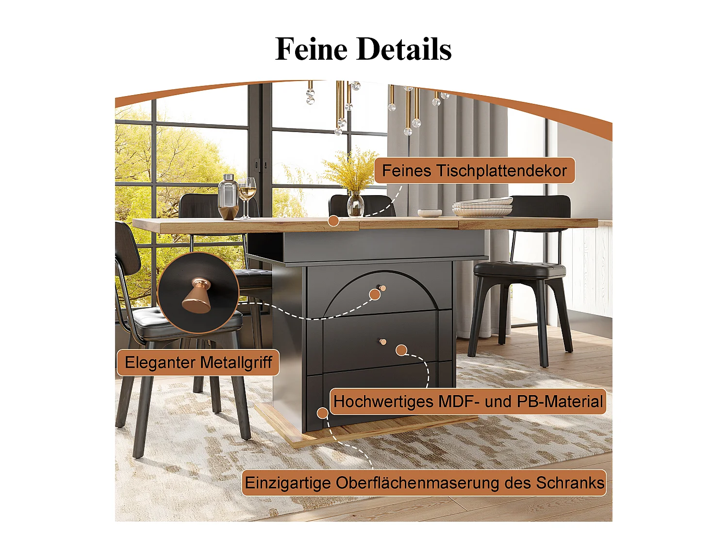 Table à manger pliable 4 - 6 places - 110-140 x 80 x 75 cm - extensible - avec 1 porte + 2 tiroir - MDF - noir