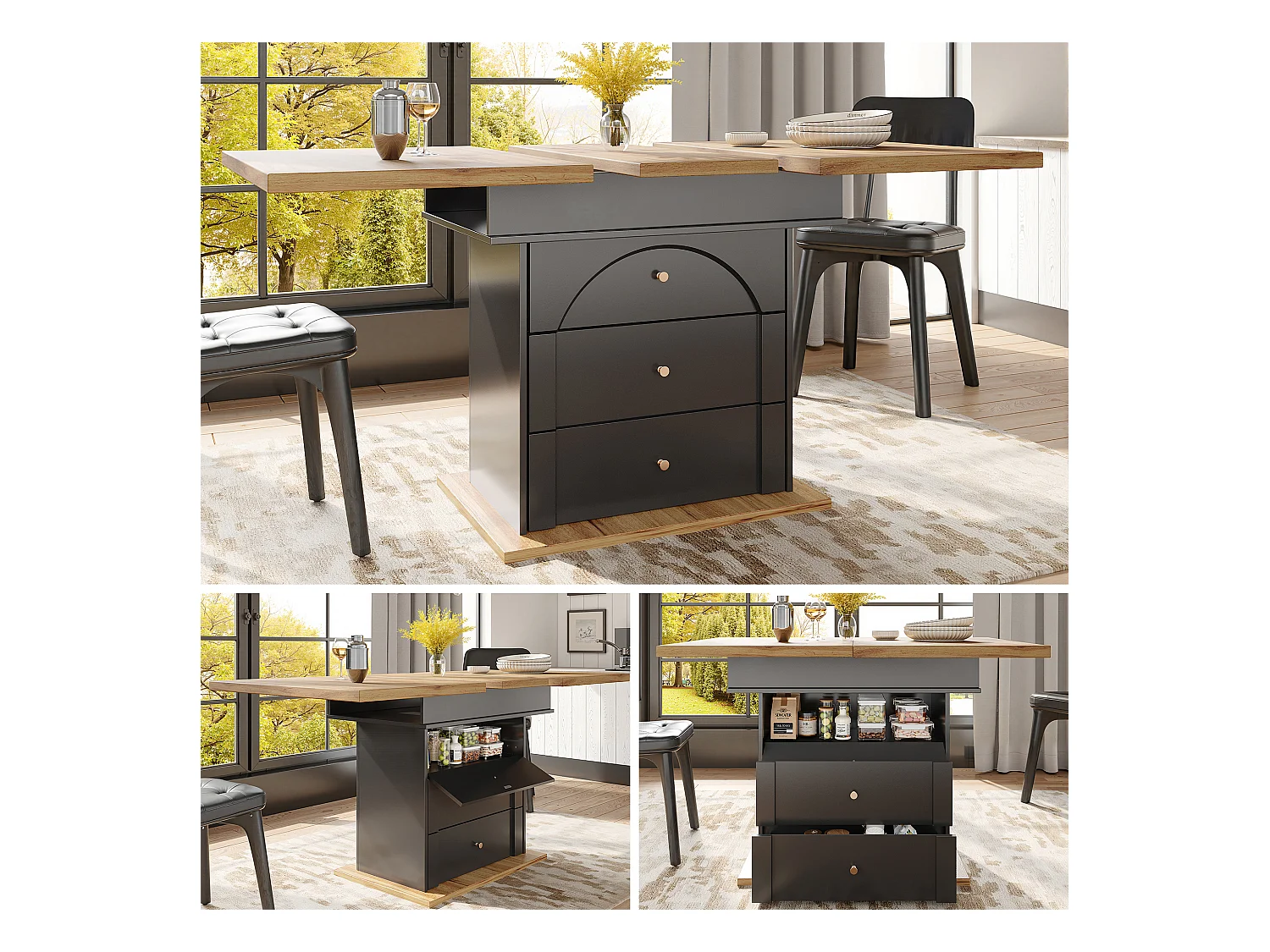 Klappbarer Esstisch für 4 – 6 Personen – 110-140 x 80 x 75 cm – ausziehbar – mit 1 Tür + 2 Schubladen – MDF – schwarz