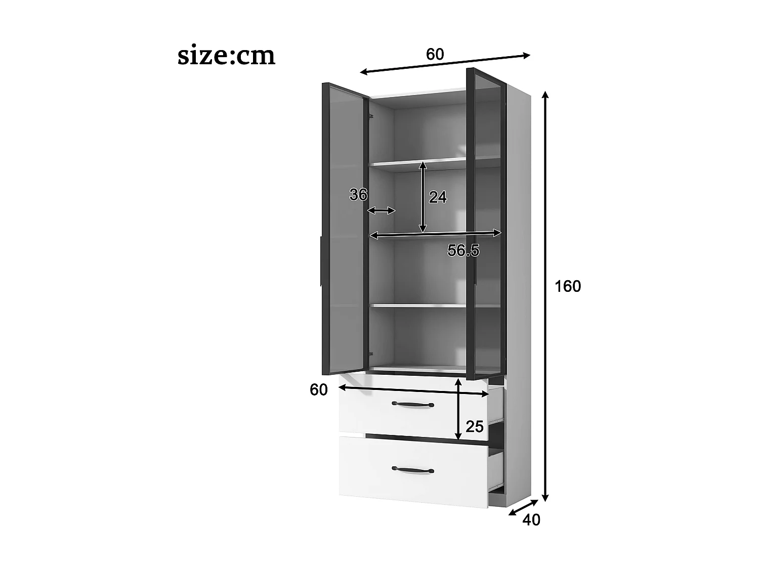 Vitrine moderne - 60 x 40 x 160 cm - avec Leds + 2 tiroirs + portes en verre trempé - aggloméré - blanc