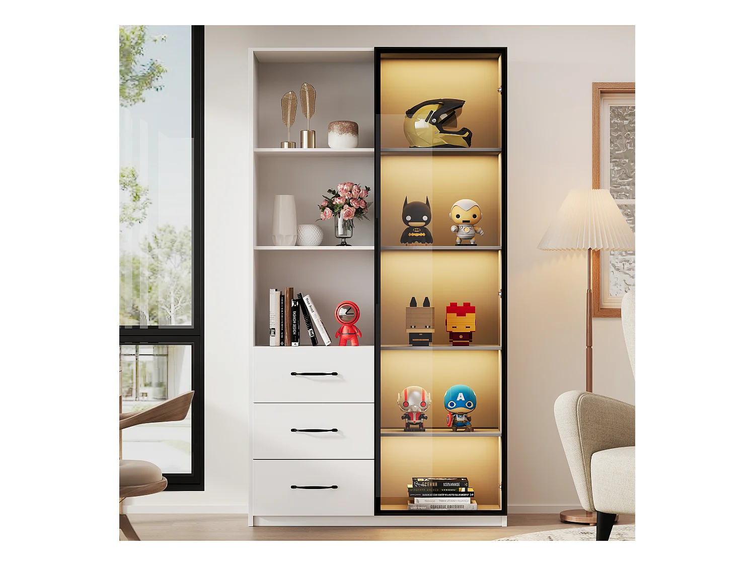 Vitrine buffet - 80 x 40 x 160 cm - avec porte en verre trempé + Leds + 3 tiroirs - agglomméré - blanc