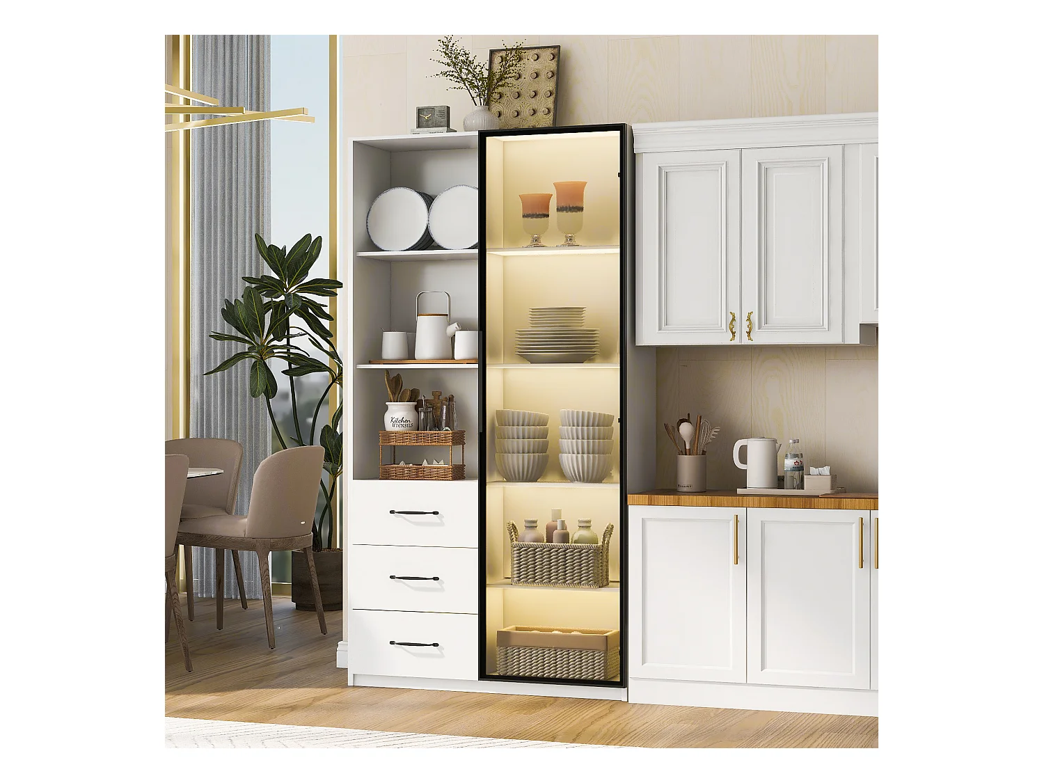 Vitrine buffet - 80 x 40 x 160 cm - avec porte en verre trempé + Leds + 3 tiroirs - agglomméré - blanc