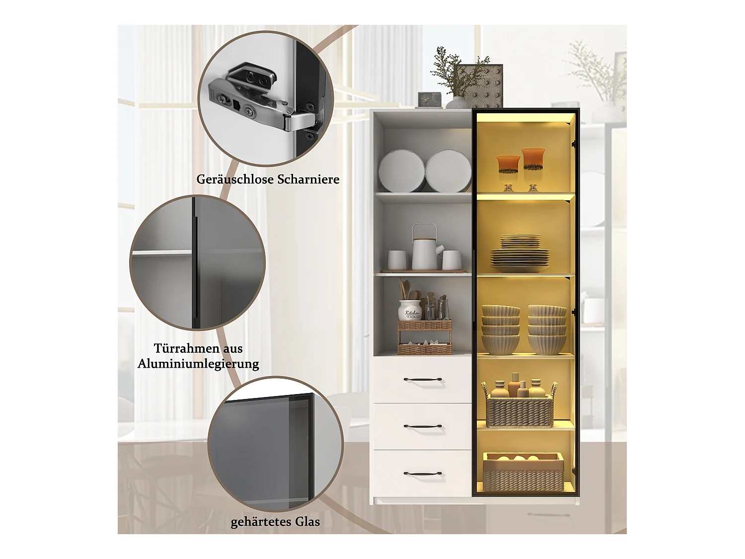 Vitrine buffet - 80 x 40 x 160 cm - avec porte en verre trempé + Leds + 3 tiroirs - agglomméré - blanc