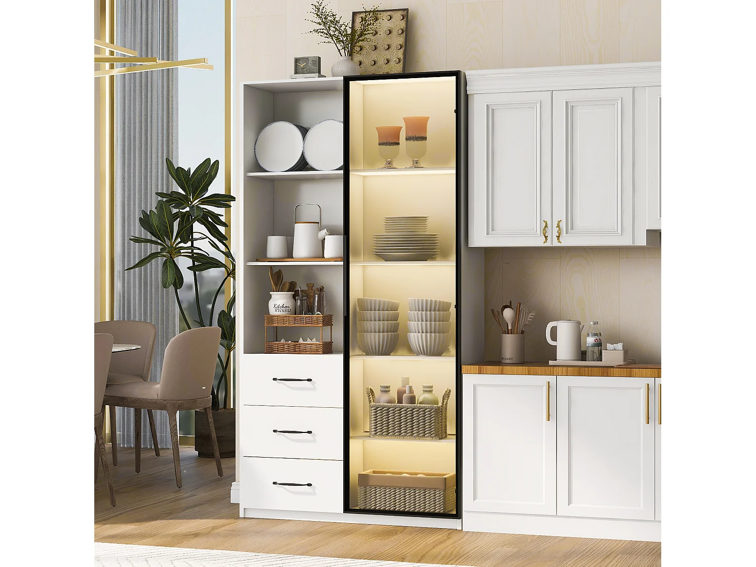 Vitrine Buffet - 80 x 40 x 160 cm - com Porta de Vidro Temperado + LEDs + 3 Gavetas - Aglomerado - Branco