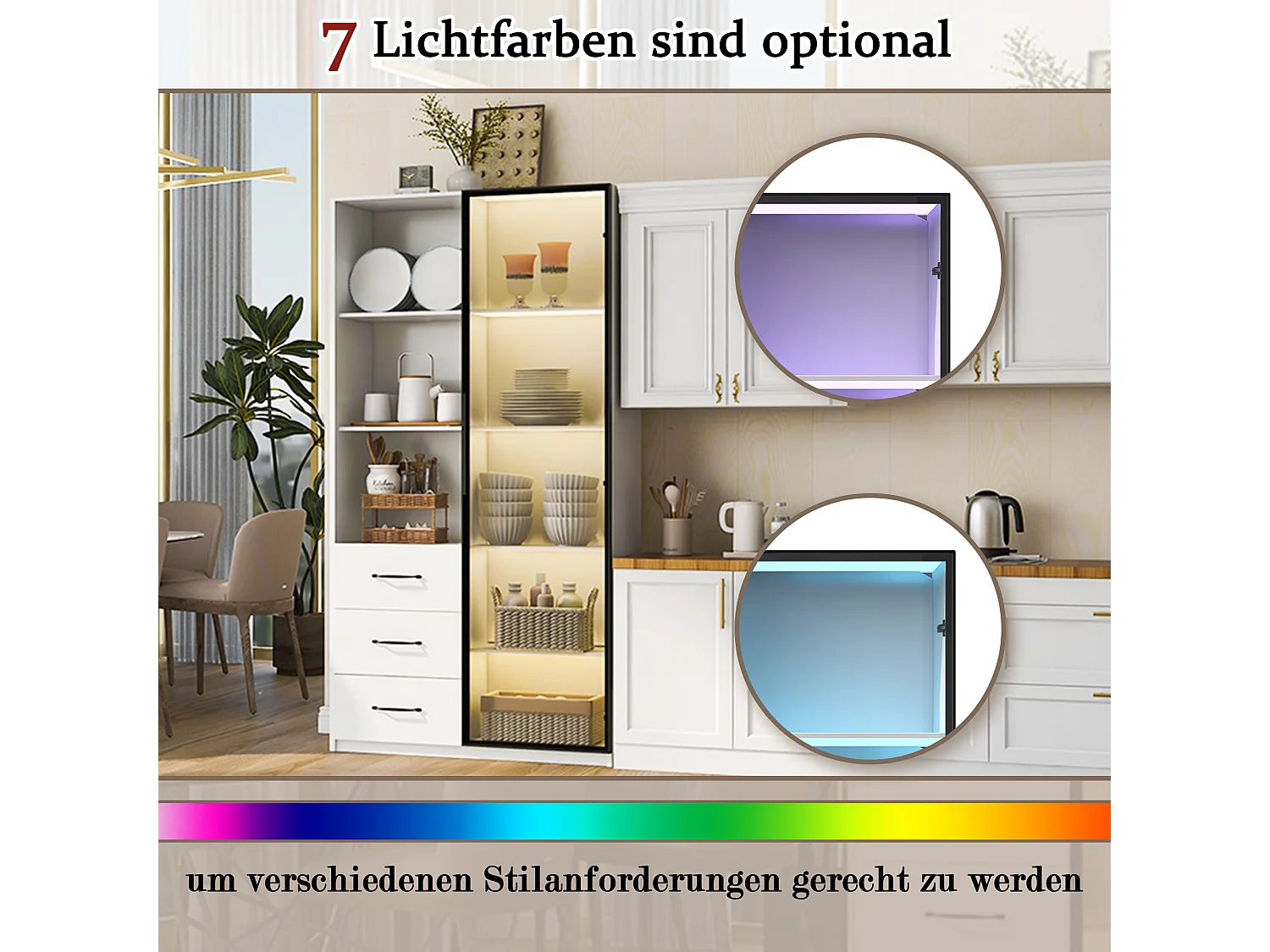 Vitrine Buffet - 80 x 40 x 160 cm - com Porta de Vidro Temperado + LEDs + 3 Gavetas - Aglomerado - Branco