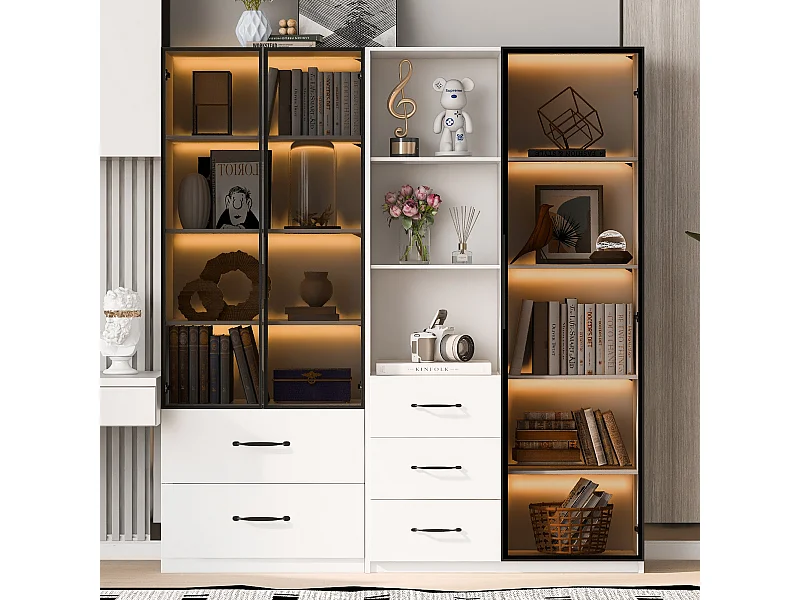 Wyświetlacz Zestaw szafek - 140 x 40 x 160 cm - Regał + kredens - z diodami LED + 5 szuflad - Płyta wiórowa - Biały