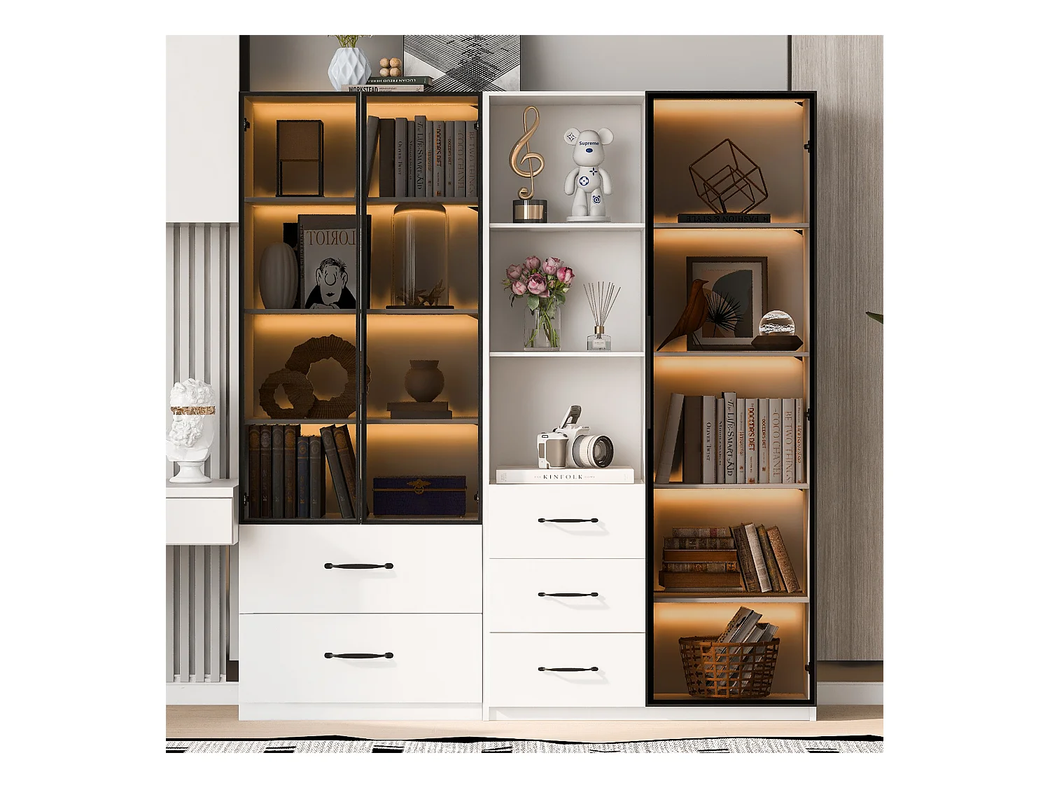 Vitrine – 140 x 40 x 160 cm – Bücherregal + Sideboard – mit LEDs + 5 Schubladen - Spanplatte - Weiß