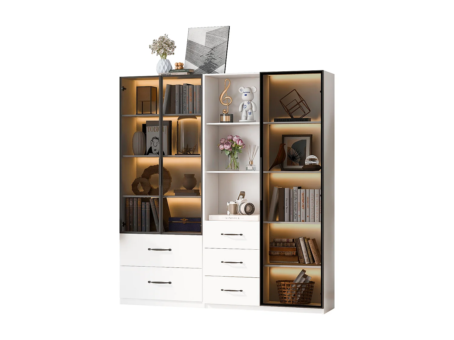 Vitrine ensemble -  140 x 40 x 160 cm - bibliothèque + buffet - avec Leds + 5 tiroirs - aggloméré - blanc