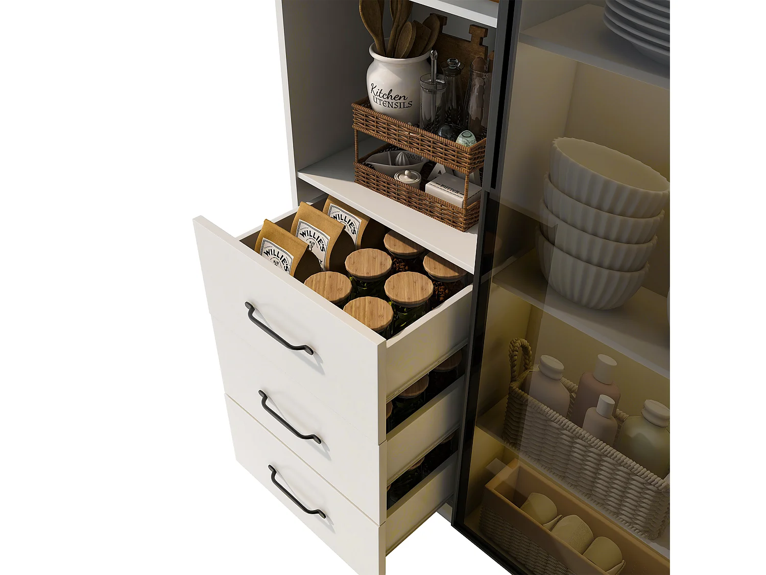 Vitrine ensemble -  140 x 40 x 160 cm - bibliothèque + buffet - avec Leds + 5 tiroirs - aggloméré - blanc