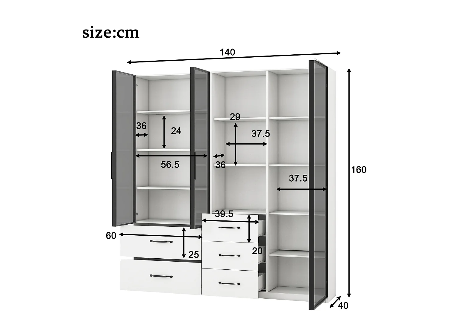 Vitrine ensemble -  140 x 40 x 160 cm - bibliothèque + buffet - avec Leds + 5 tiroirs - aggloméré - blanc