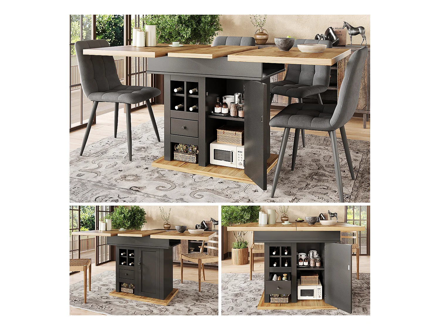 Table à manger pliable 4 - 6 places - 110-140 x 80 x 75 cm - extensible - avec porte + tiroir - MDF - noir