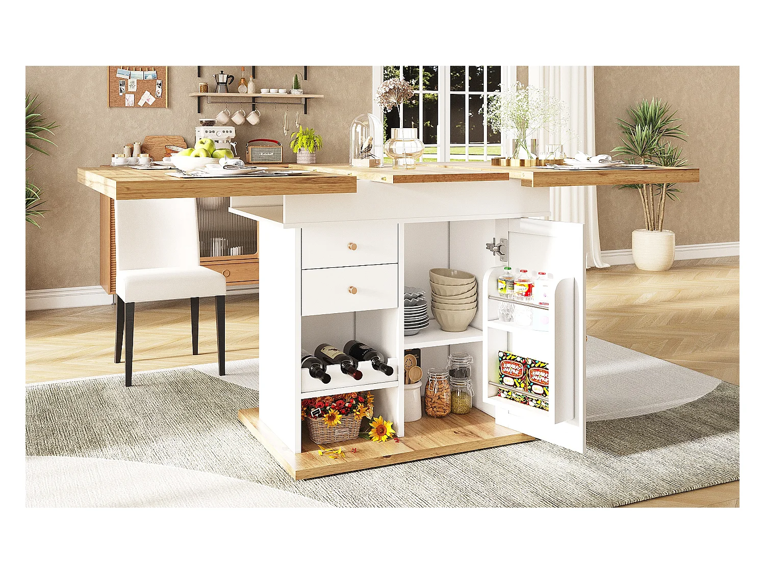 Table à manger pliable 4 - 6 places - 110-140 x 80 x 75 cm - extensible - avec 1 porte + 2 tiroirs - MDF - noir